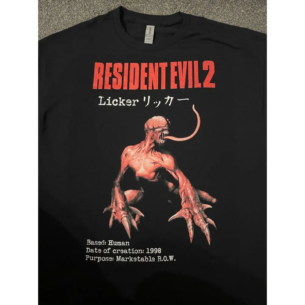 Resident Evil 2 Licker T-Shirt Men Summer Classic B.O.W. Horror Game Graphic Short Sleeve Oversized Streetwear Gamer Tee